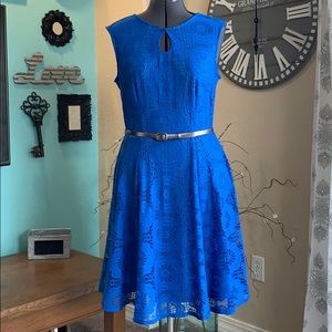 Royal blue with lace overlay, sleeveless dress